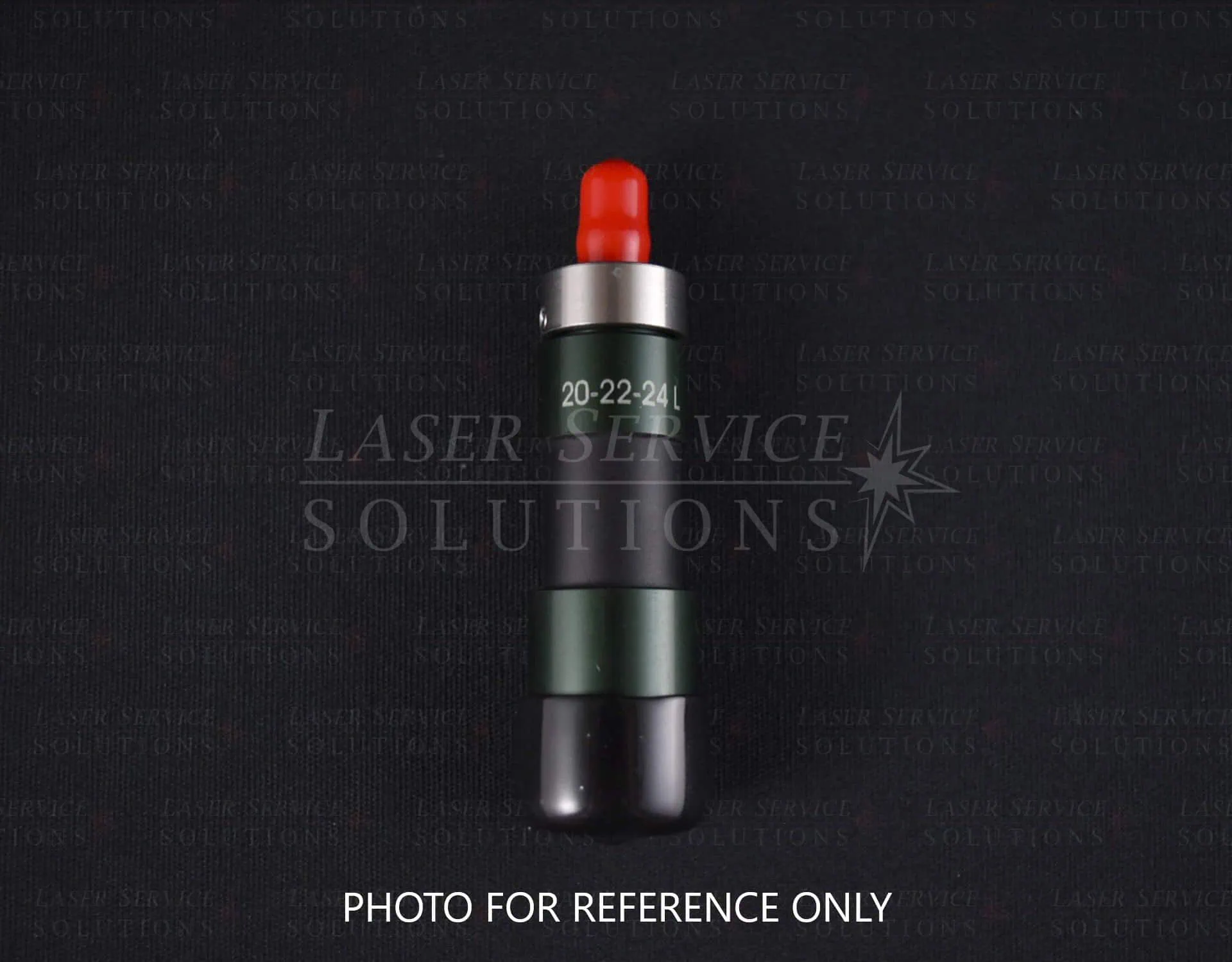 A Candela Gmax Pro Optics Cap Lens Kit, featuring a cylindrical design with a red tip and green and black body labeled 20-22-24L, is centered on a black background displaying the Laser Service Solutions watermark. White text at the bottom reads, PHOTO FOR REFERENCE ONLY.