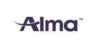 The image shows the logo for Alma, with the word Alma in bold, dark blue letters. The letter A has a curved line crossing it, resembling a smile or swoosh—subtly evoking precision and innovation often associated with laser parts.