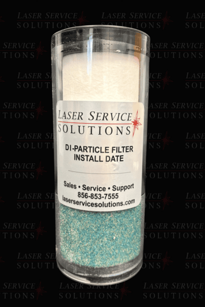 A cylindrical Candela Di & Sediment Combo Filter with white and light blue filter media inside, labeled Laser Service Solutions with contact information and a space for the install date.
