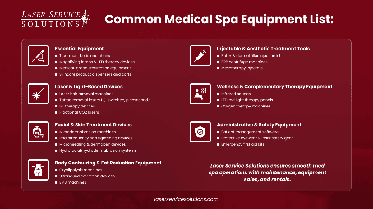 Infographic showcasing a comprehensive medical spa equipment list, including essentials, laser devices, skin treatments, body contouring tools, injectables, wellness therapy items, and safety equipment—all set against a striking red background.