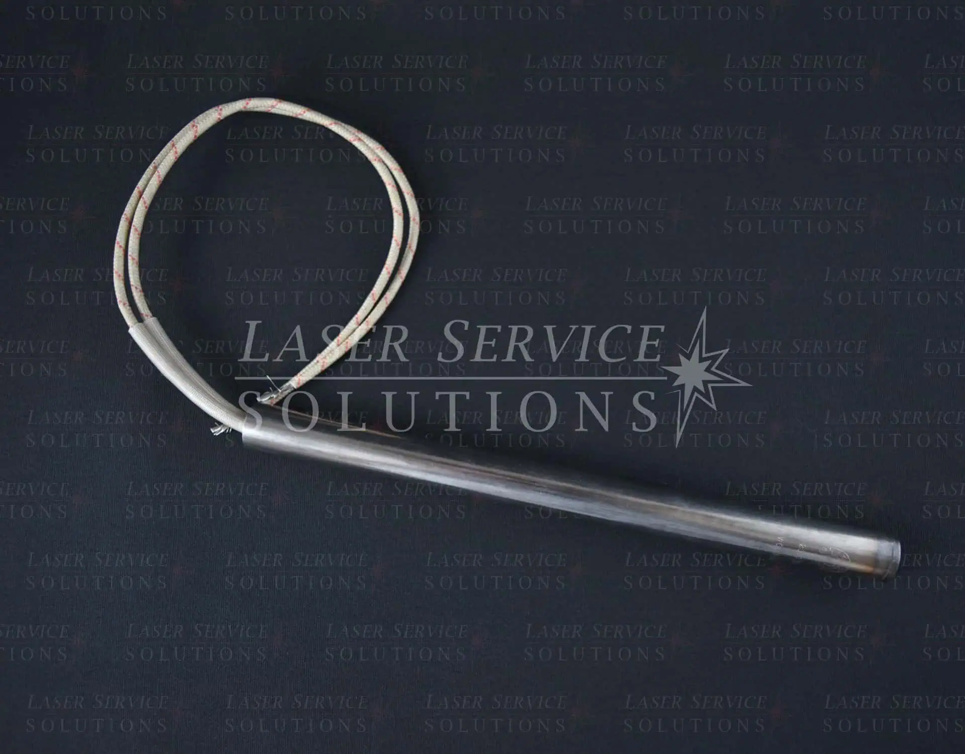 A Candela Gmax Pro/Perfecta Heater Element, featuring a long handle and a looped cable at one end, is displayed on a dark background with the LASER SERVICE SOLUTIONS watermark.