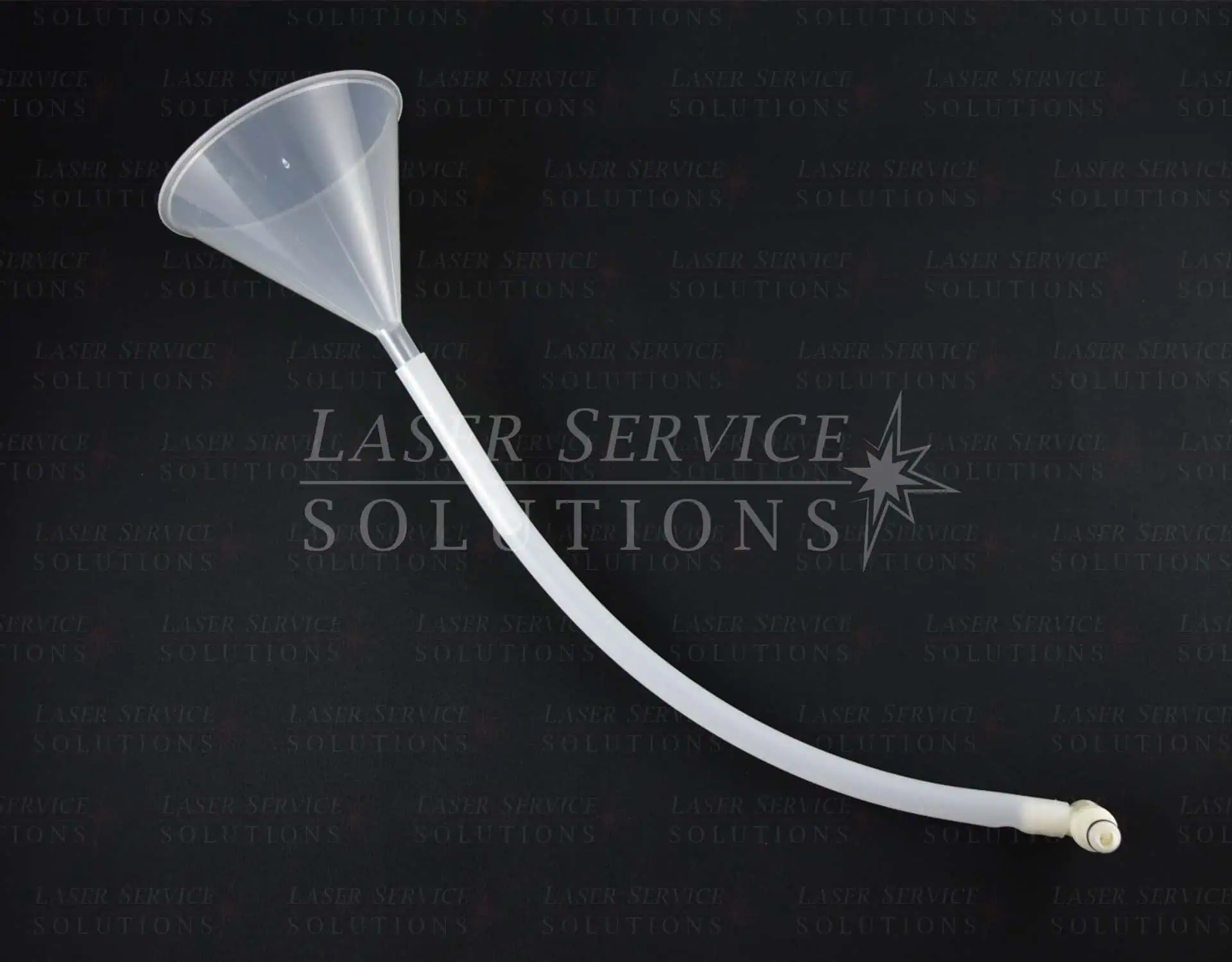 The Harmony XL Water Fill Kit, featuring a translucent plastic funnel connected to a long, flexible tube with a valve at the end, is displayed on a black background with the Laser Service Solutions text overlay.