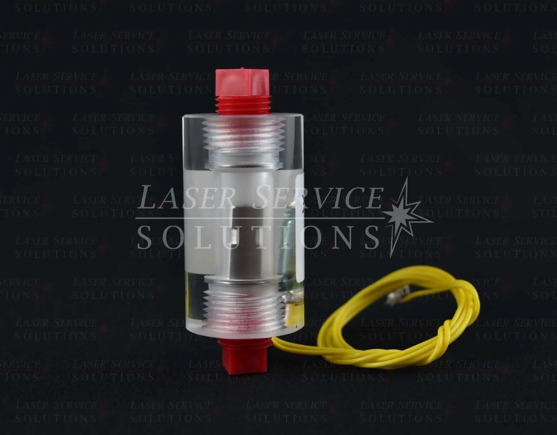 The Harmony XL Flow Switch is a cylindrical metal component featuring red plastic caps on both ends and a yellow cable attached, displayed against a black background with Laser Service Solutions text.