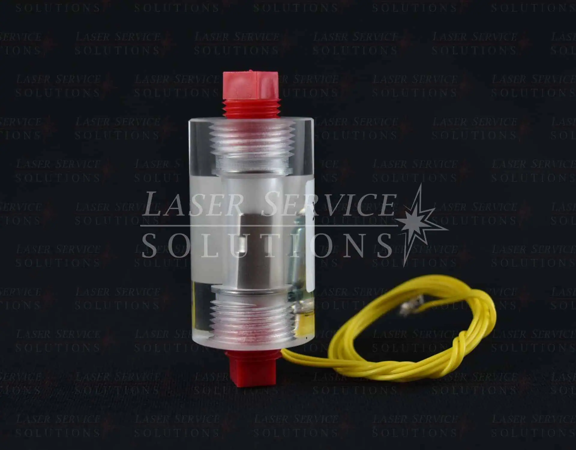 A Soprano XL Flow Switch, featuring red caps at both ends and a yellow wire attached, is displayed against a black background with Laser Service Solutions text.