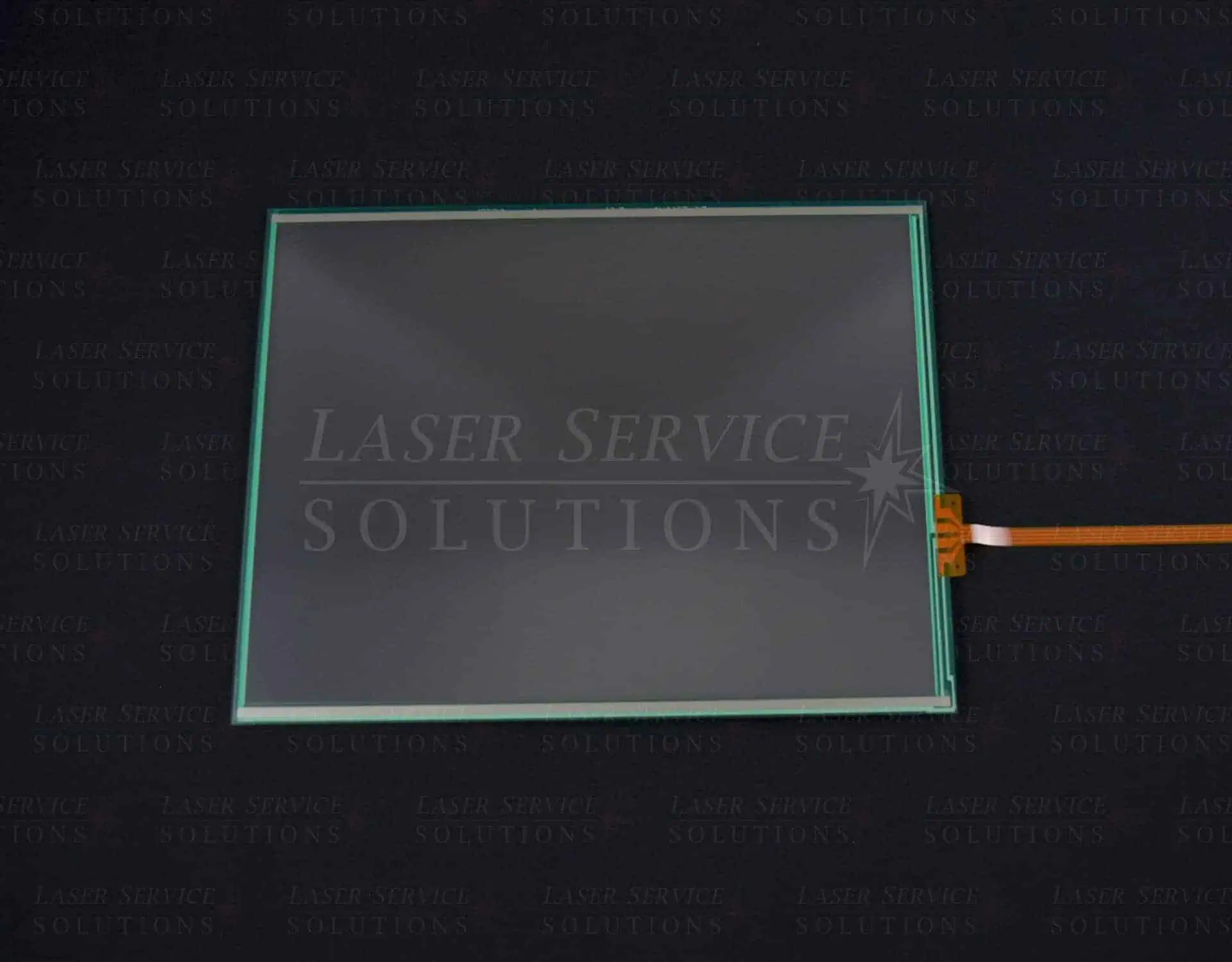 The HOYA ConBio LCD Screen, featuring a green-bordered touchscreen panel and an orange ribbon cable, is placed on a dark surface with “Laser Service Solutions” faintly visible in the background.
