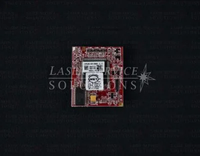 A HOYA ConBio MedLite C6 Rabbit Board, a small red and white electronic circuit board with various components and labels, is centered on a black surface with “LASER SERVICE SOLUTIONS” faintly visible in the background.
