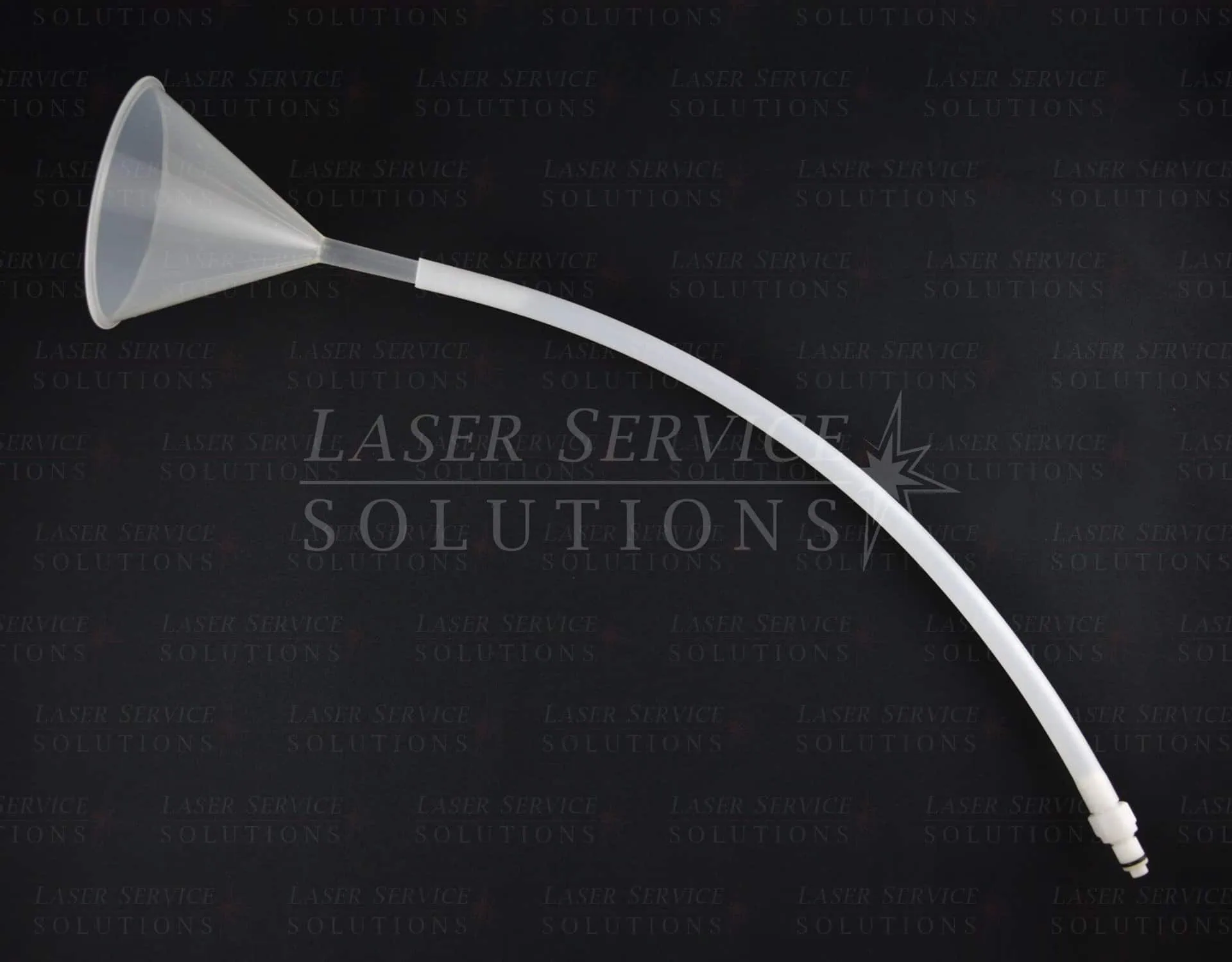 A Soprano Water Fill Kit, featuring a translucent plastic funnel with a long, curved spout, is displayed against a dark background repeatedly watermarked with Laser Service Solutions.