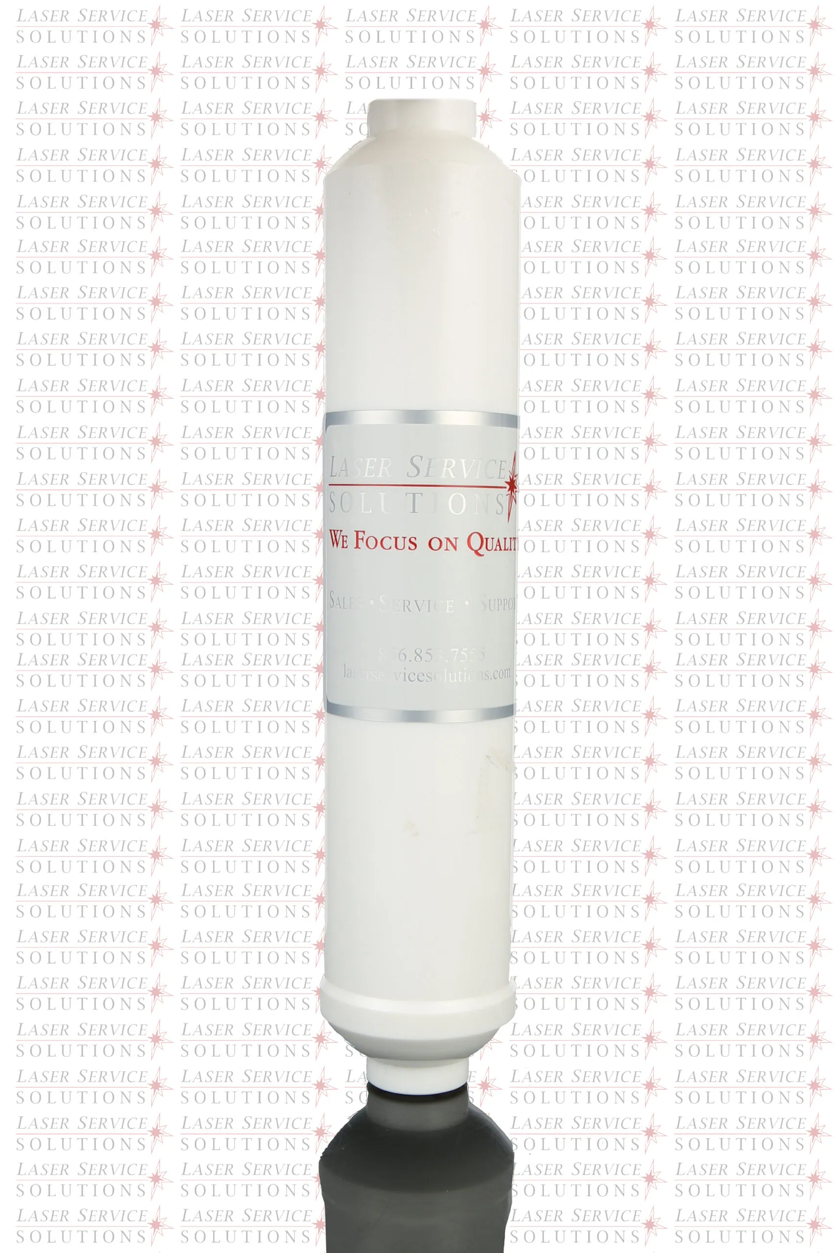 A white cylindrical Soprano Di Filter cartridge stands upright against a branded background featuring repeating red and gray text, highlighting its compatibility for Soprano Di systems.