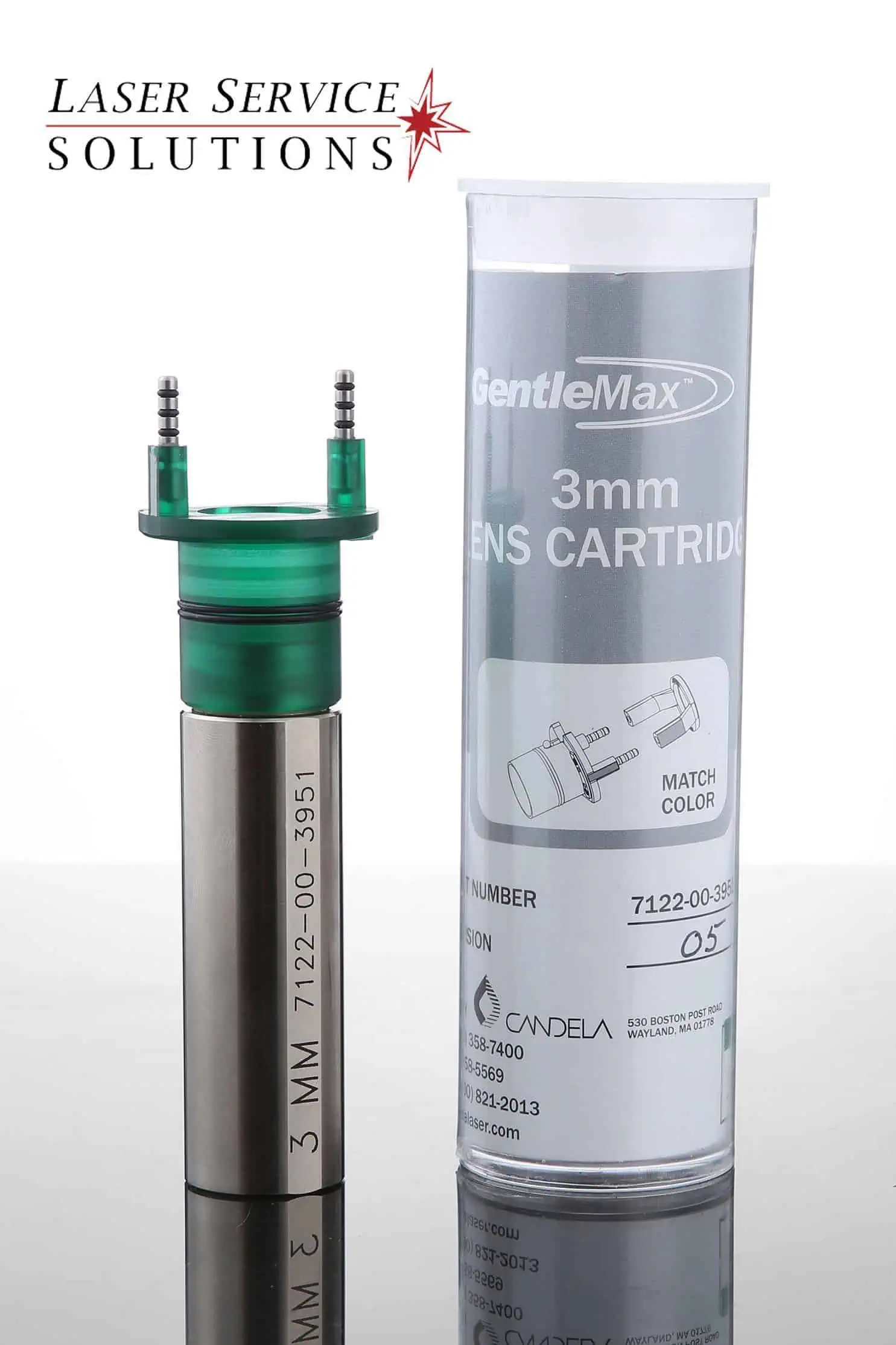A Candela Gmax Slider Optics Kit 3mm lens cartridge stands upright next to its labeled cylindrical packaging. The Laser Service Solutions logo appears at the top left of the image.