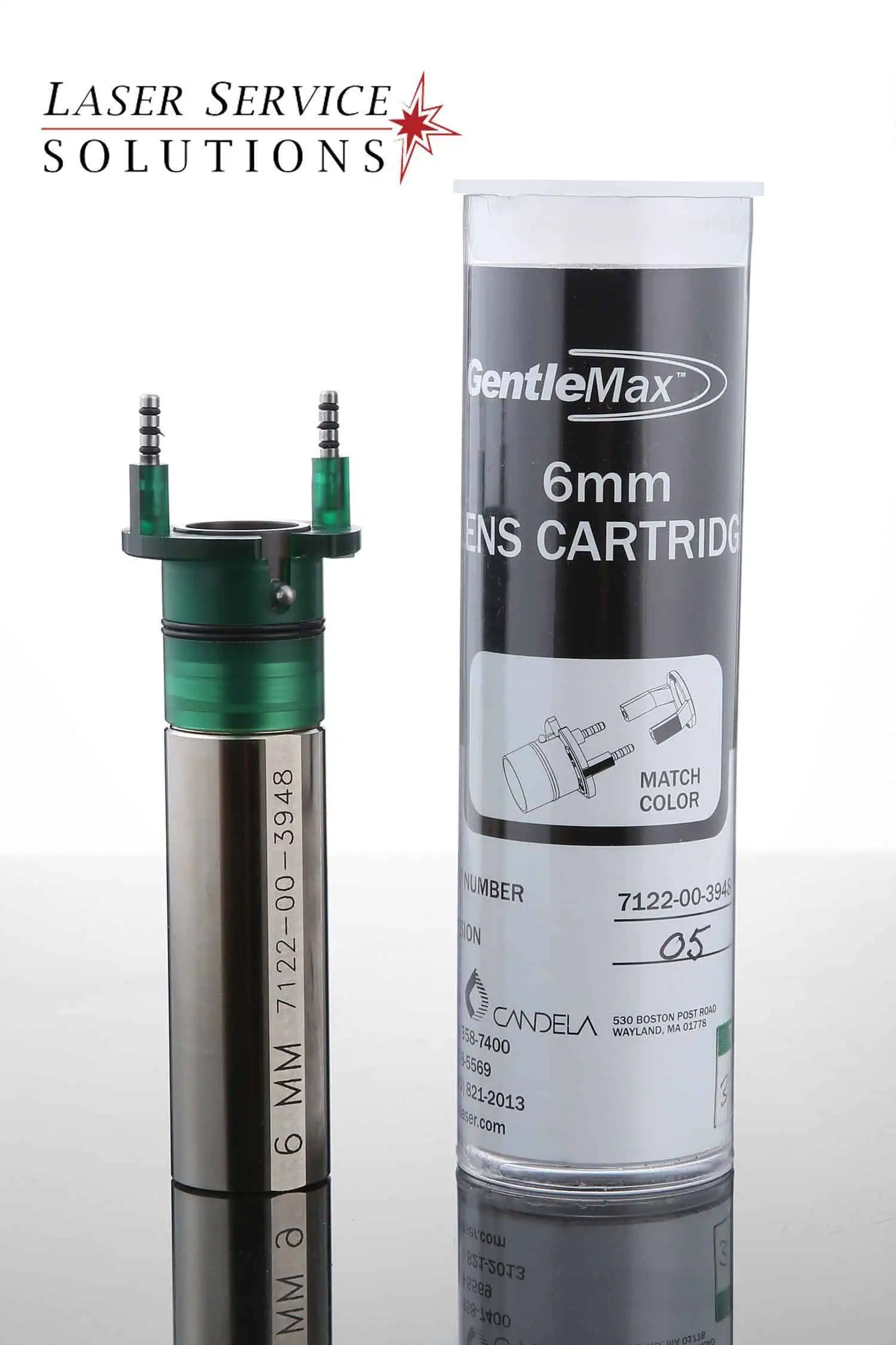 A Candela Gmax Slider Optics Kit sits beside its cylindrical packaging, with the Laser Service Solutions logo visible in the top left corner.