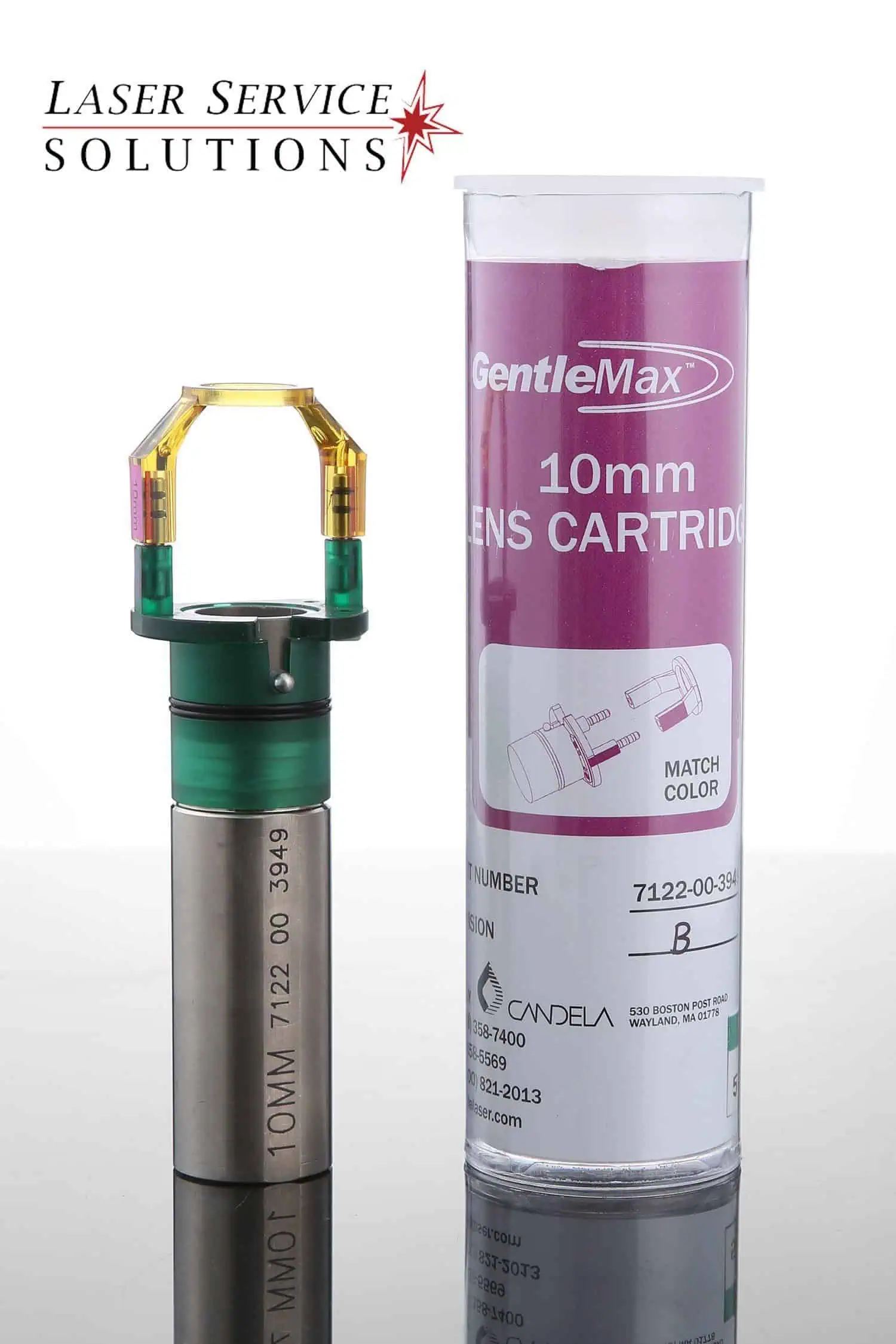 A Candela Gmax Slider Optics Kits 10mm lens cartridge stands upright beside its labeled packaging tube on a reflective surface, with the Laser Service Solutions logo displayed at the top left.
