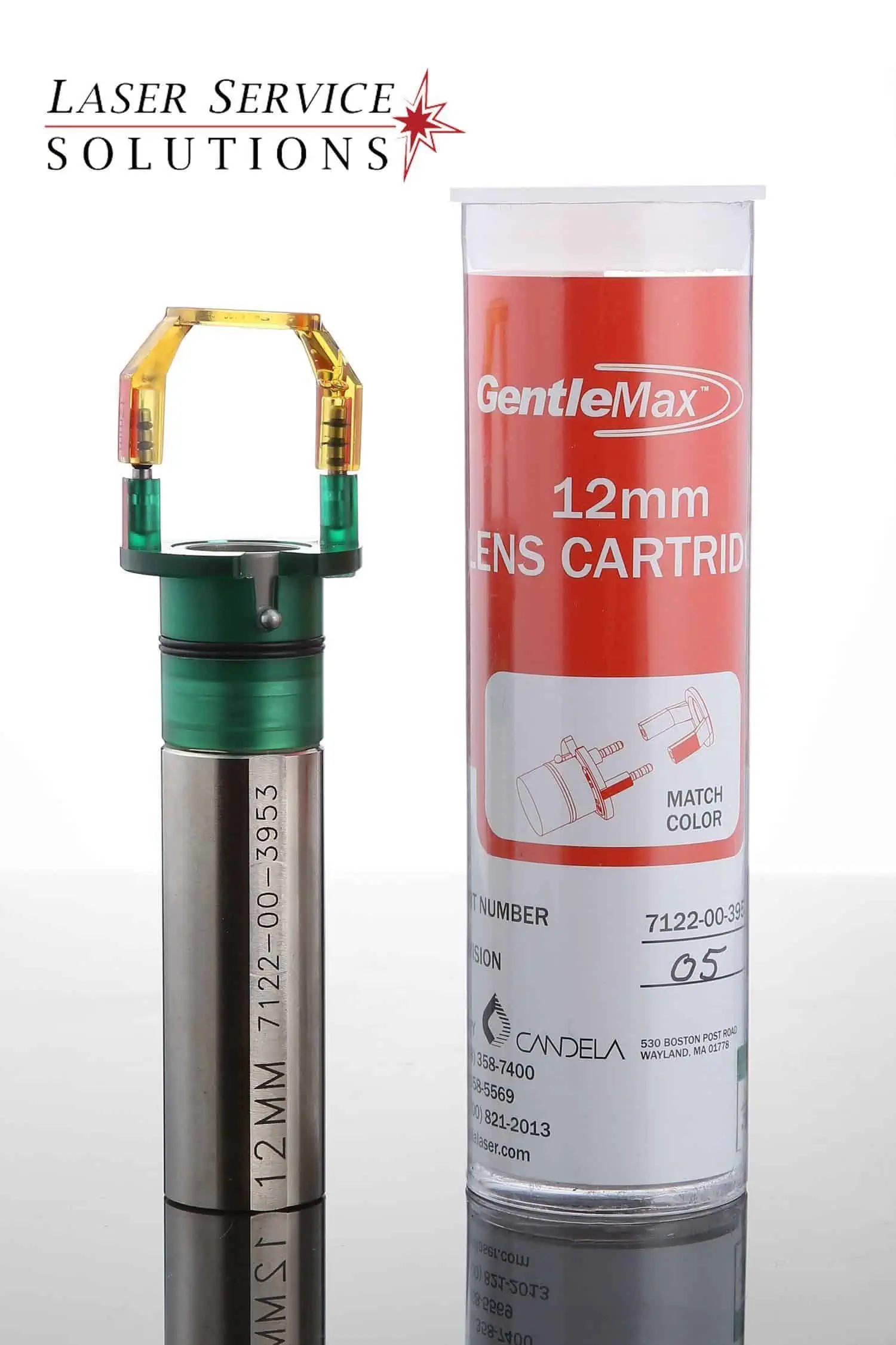 A Candela Gmax Slider Optics Kit (12mm) stands next to its labeled cylindrical packaging, featuring Laser Service Solutions branding above.