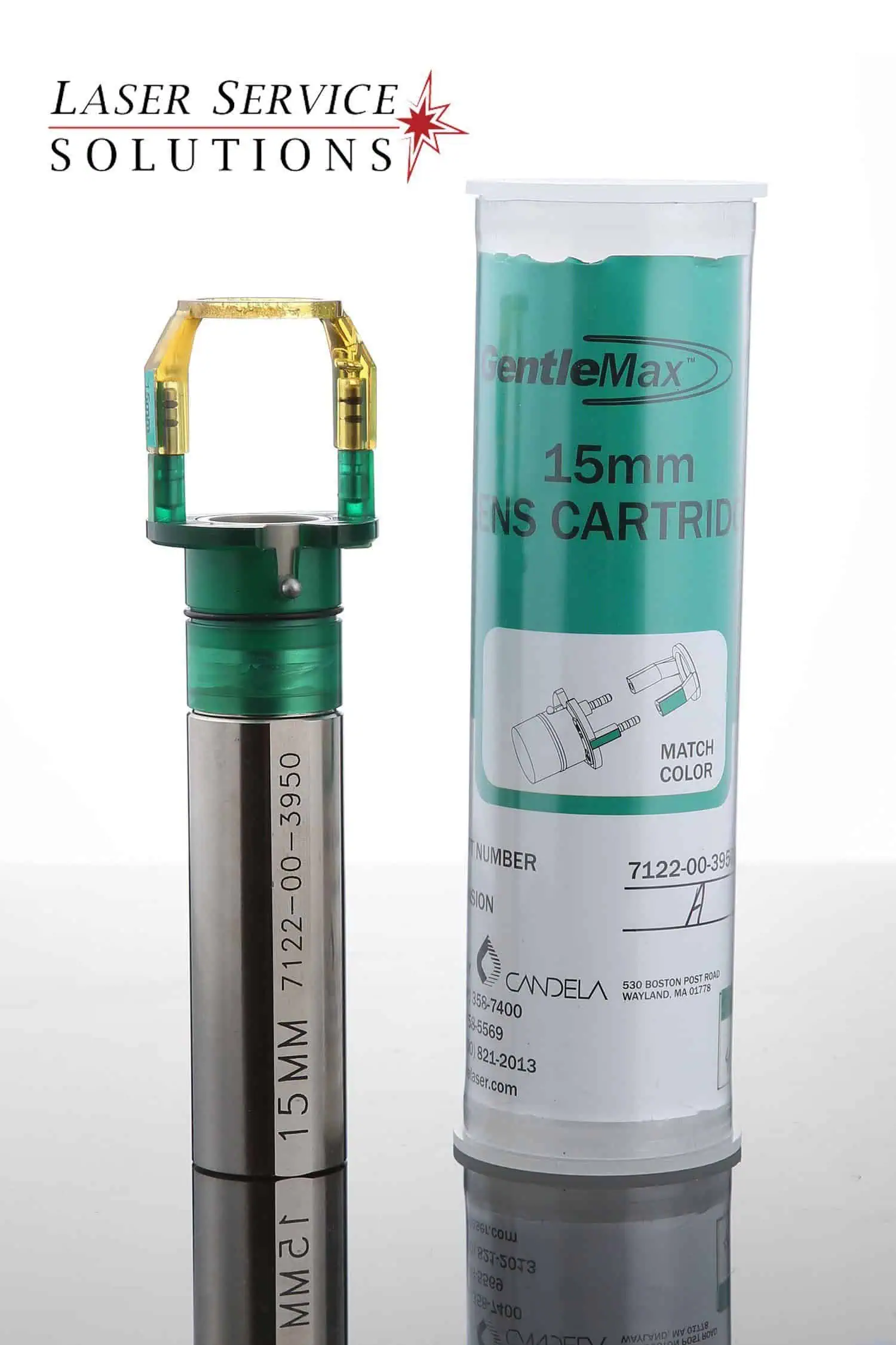 A Candela Gmax Slider Optics Kit stands next to its labeled cylindrical container, with the Laser Service Solutions logo above both items.