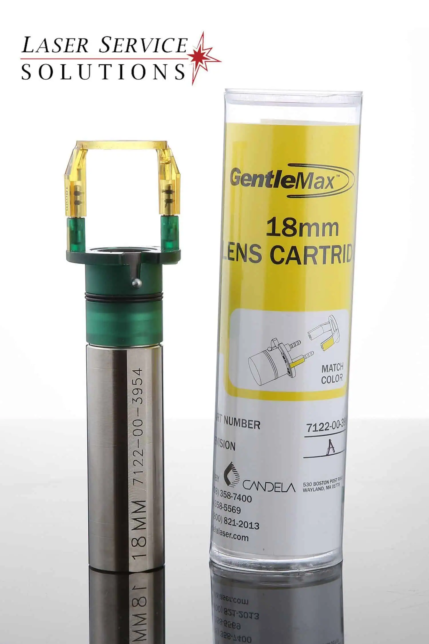 A Candela Gmax Slider Optics Kit lens cartridge stands next to its labeled cylindrical packaging, both placed on a reflective surface. The cartridge has a metal body and a yellow-green plastic top.