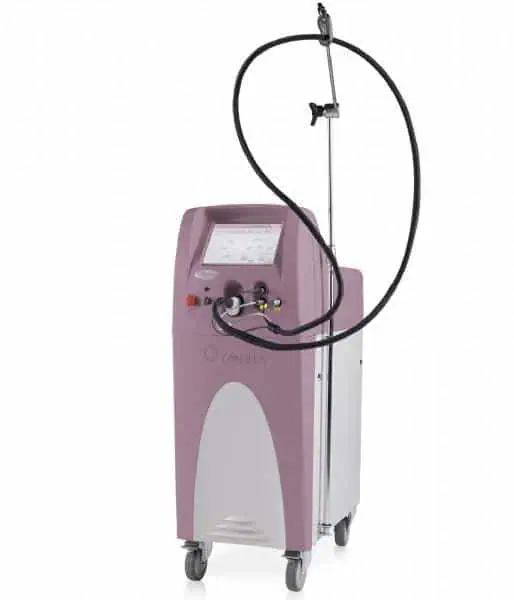 The Candela Vbeam is a medical laser machine featuring a touchscreen, control buttons, wheels, and an attached flexible hose on a metal stand, used for cosmetic or dermatological procedures.