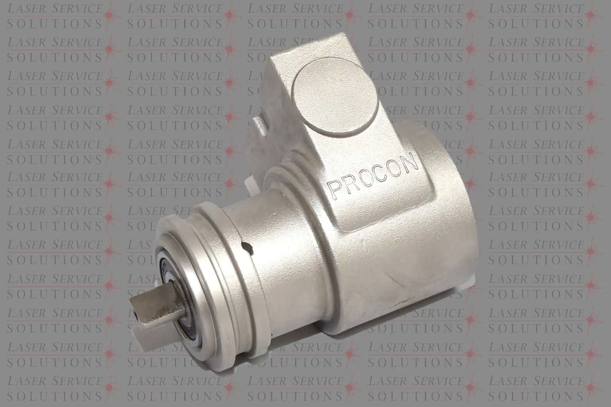 A Candela Vbeam Perfecta Dye Pump, featuring a metallic rotating component labeled PROCON with a short shaft and a capped top, displayed against a backdrop patterned with repeated Laser Service Solutions text.