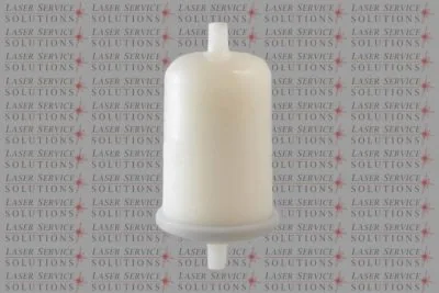 A Candela Vbeam Perfecta Particle Filter, featuring a white cylindrical plastic body with inlet and outlet ports, is positioned upright against a patterned background displaying “LASER SERVICE SOLUTIONS” in red and gray text.