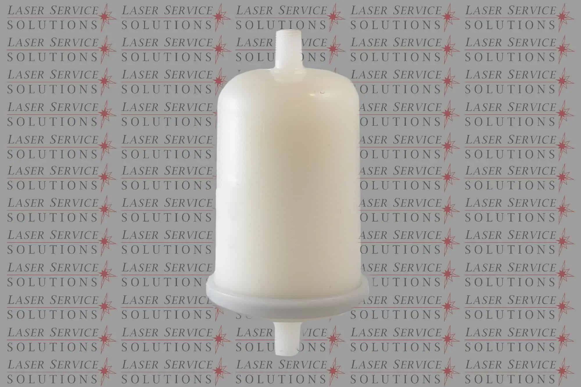 A Candela Vbeam Perfecta Particle Filter, featuring a white cylindrical plastic body with inlet and outlet ports, is positioned upright against a patterned background displaying “LASER SERVICE SOLUTIONS” in red and gray text.