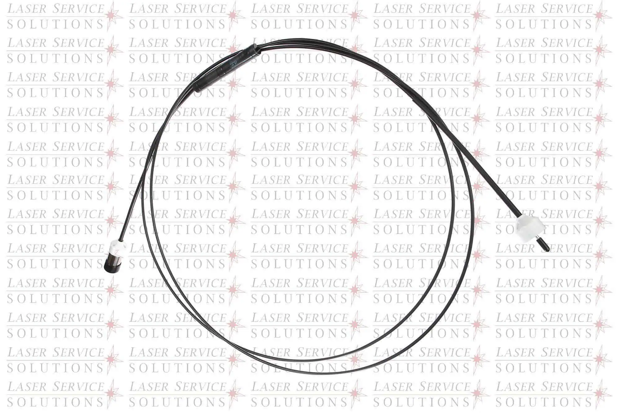 Two Cynosure Elite Fiber Optic Cables with black sheathing and black and white connectors are shown coiled on a white background with a faint Laser Service Solutions watermark.