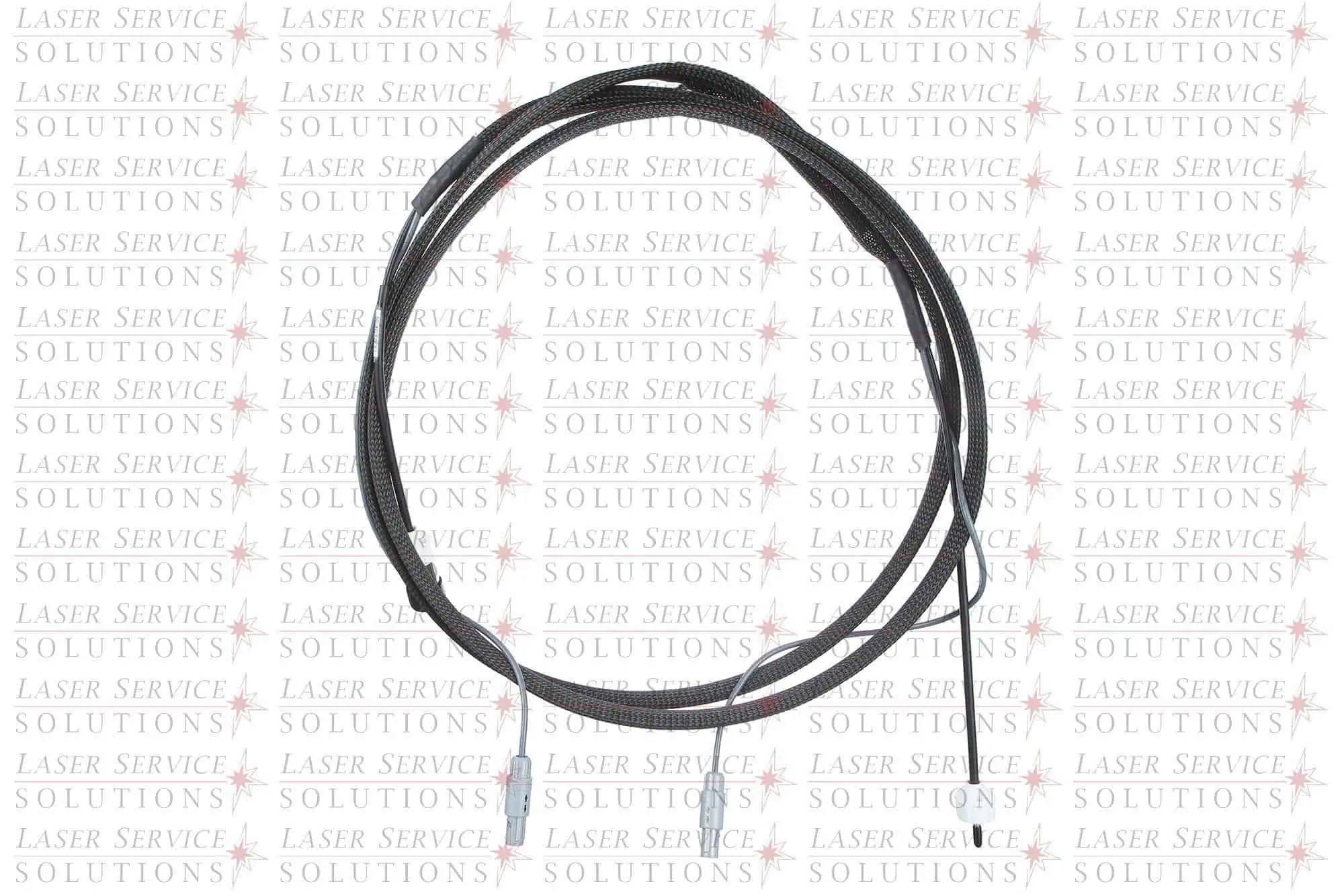 A Cynosure Elite Complete Delivery System cable, coiled in black with three exposed silver wire ends, displayed on a background patterned with the repeated text Laser Service Solutions.
