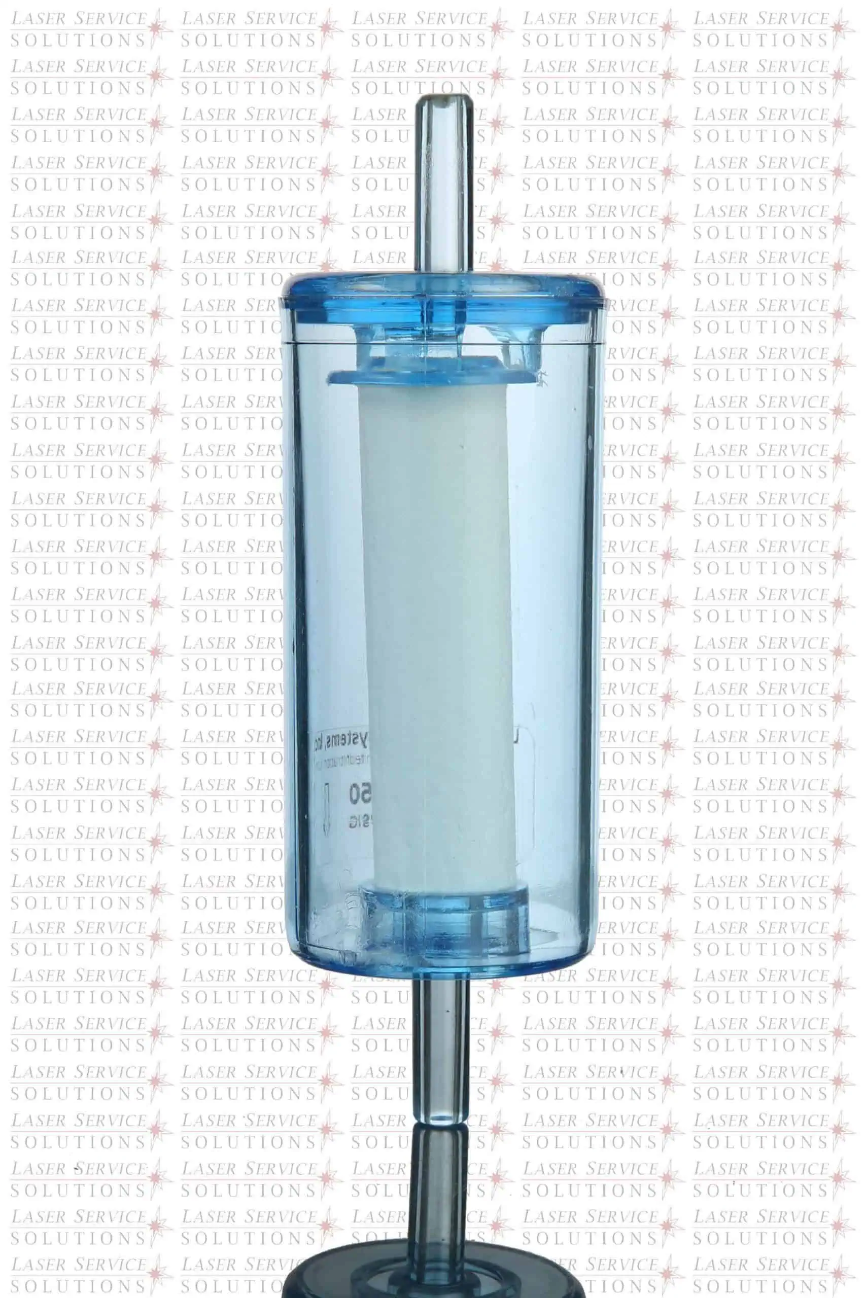 A close-up of a cylindrical blue and clear plastic HOYA ConBio Sediment Filter with a white filter inside, mounted vertically on a metal rod. The background features repeated red text: LASER SERVICES SOLUTIONS.
