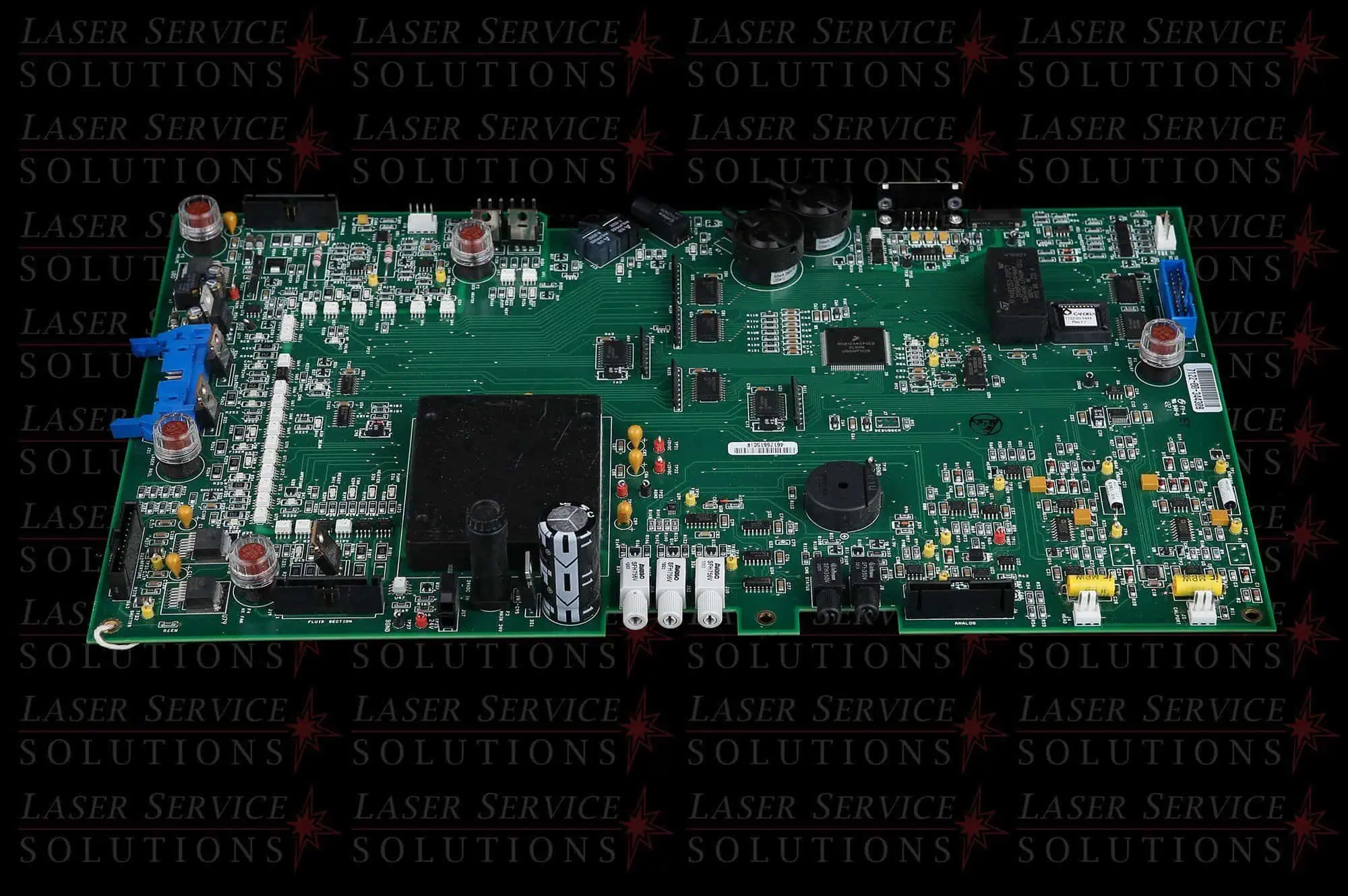 Candela MGL Control Logic Board (CPU) featuring a green electronic circuit board with various components, including capacitors, chips, and connectors, displayed on a black background with repeated Laser Service Solutions watermark text.