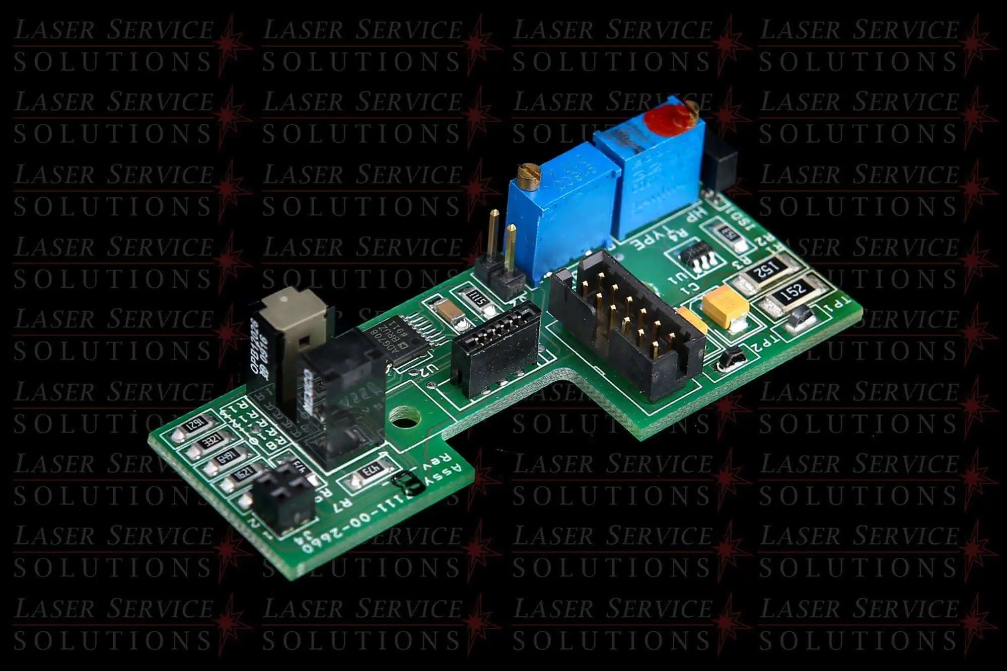 A Candela MGL/MGY Handpiece PCB, featuring a green electronic circuit board populated with capacitors, connectors, and jumpers, is displayed on a black background with repeated Laser Service Solutions text.