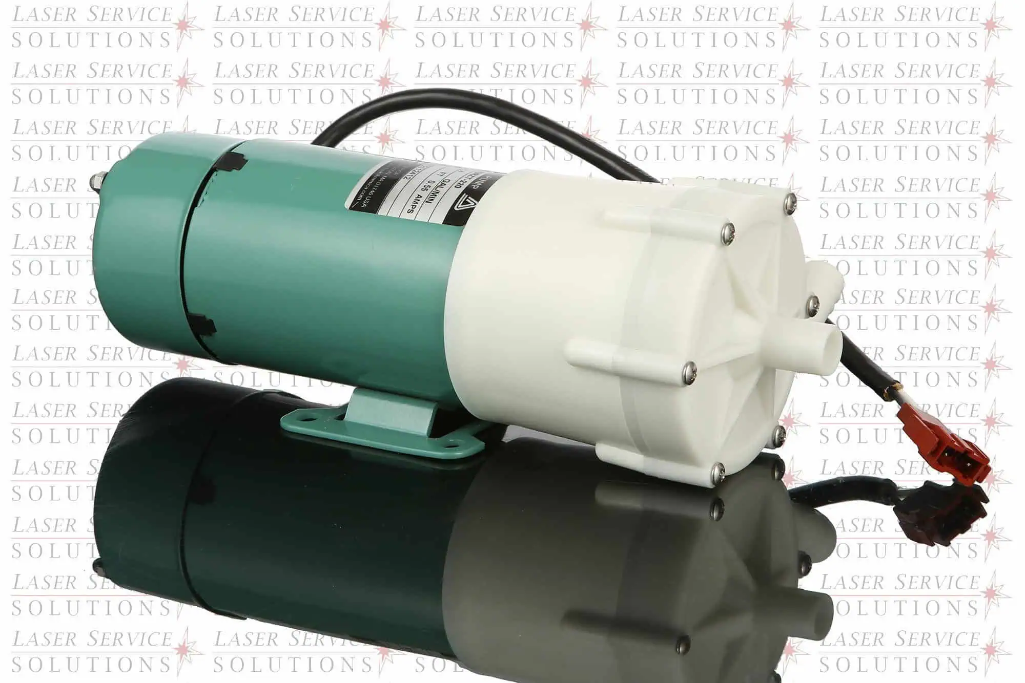 A Candela MGL Water Pump in green and white, with attached cables, is positioned on a reflective surface, with the Laser Service Solutions logo subtly appearing in the background.