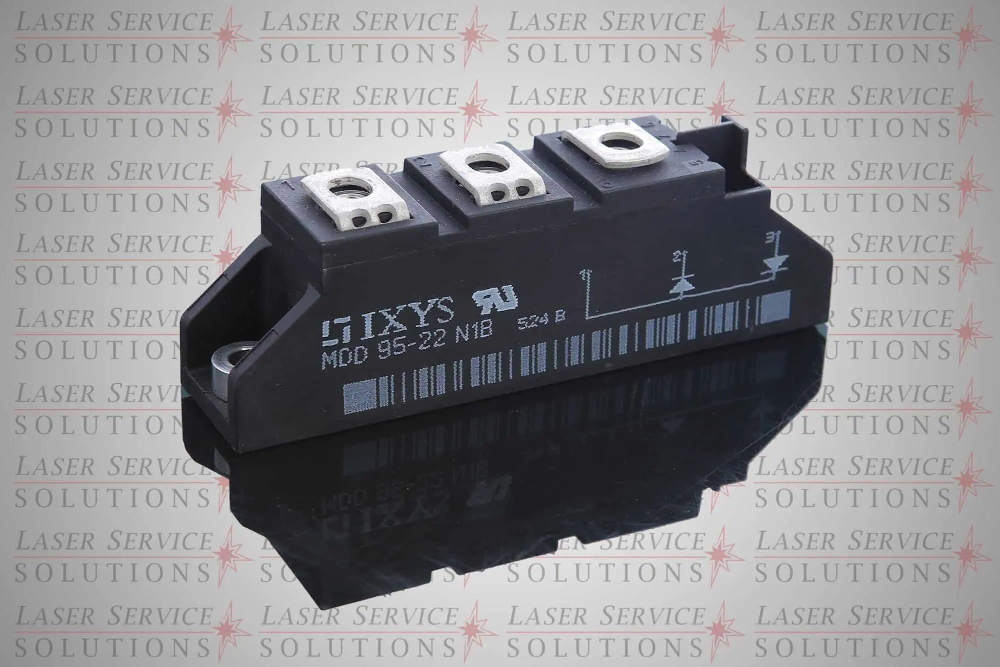 Black electronic module labeled Candela MGY Blocking diode with three metal terminals, set on a reflective surface with Laser Service Solutions patterned in the background.