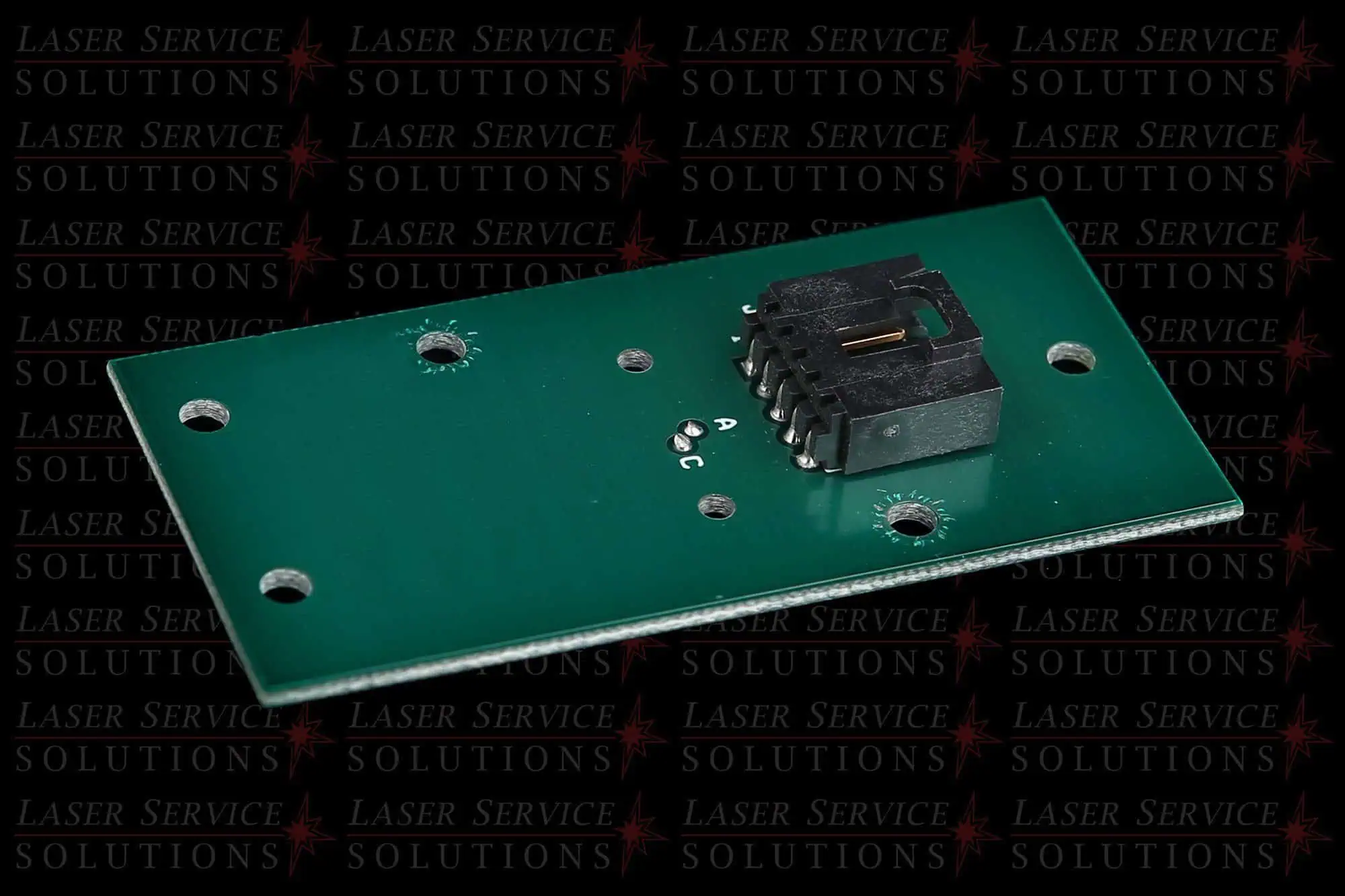 A Candela MGY Cal Port Detector PCB—a green rectangular circuit board with a black 8-pin connector mounted on it—is shown against a black background patterned with Laser Service Solutions text.