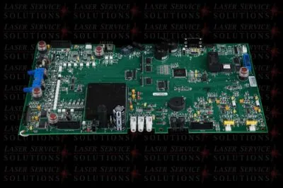 Candela MGY Control Logic Board (CPU) featuring a green electronic circuit board populated with various chips, capacitors, connectors, and other components, displayed on a black background with the Laser Service Solutions watermark repeated throughout.