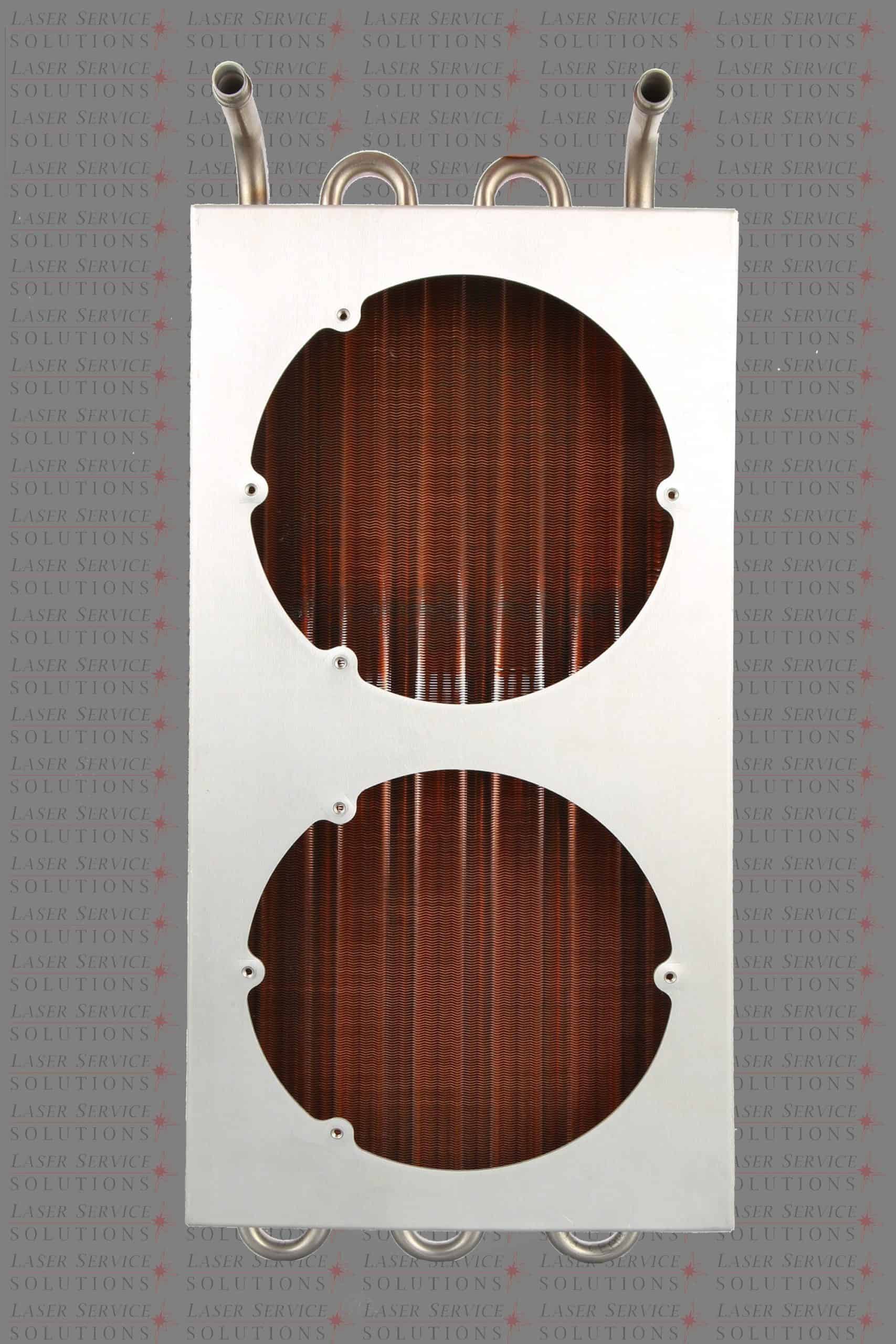 A Candela MGY Heat Exchanger featuring a rectangular metallic design with two large circular cutouts that display copper-colored coils inside; four metal tubes extend from the top and bottom, set against a background with repeating Laser Services text.