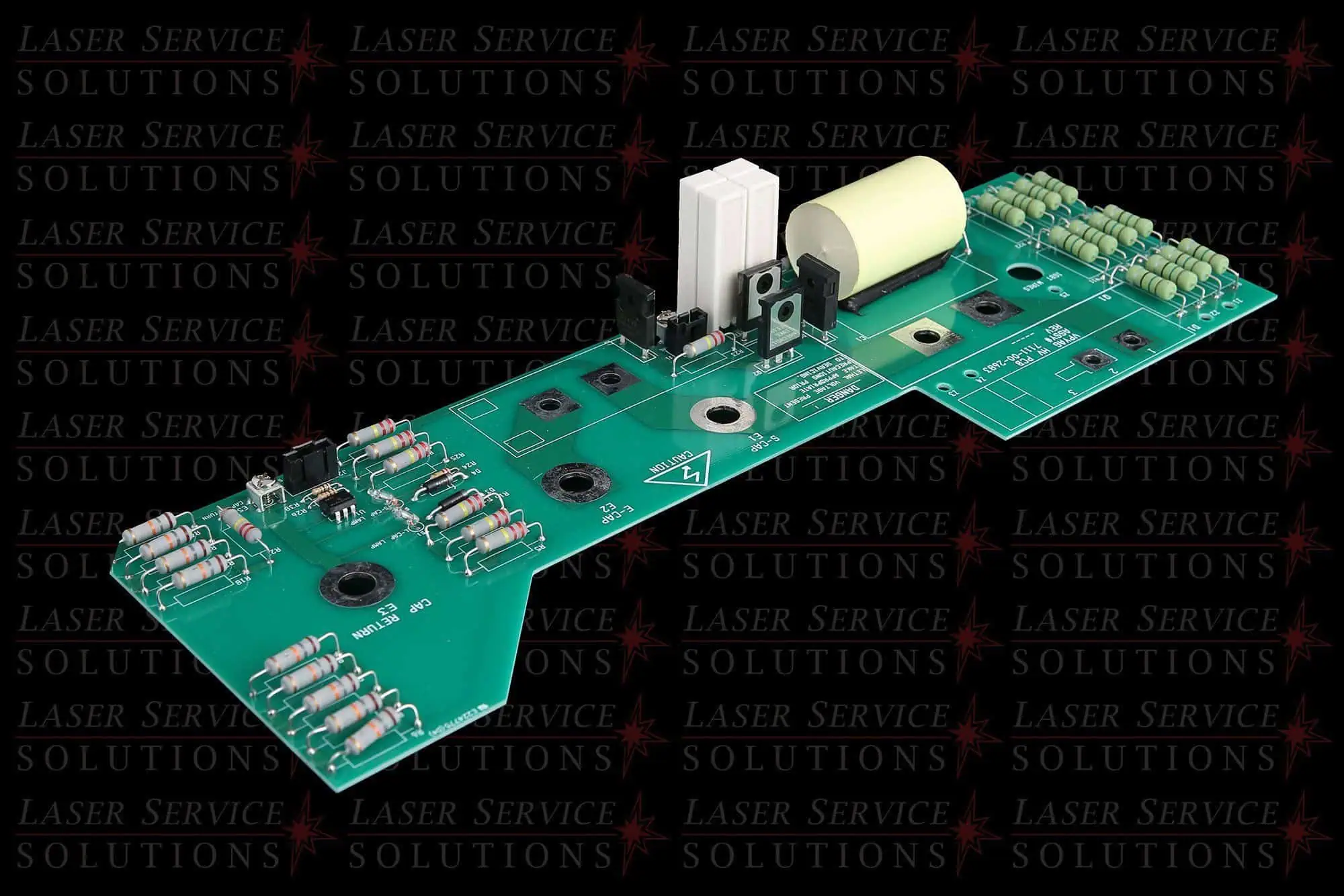 Candela MGY HV Modulator Board (not including IGBT and/or blocking diode), a green printed circuit board featuring electrical components such as resistors, capacitors, and connectors, displayed on a black background with repeating Laser Service Solutions text.