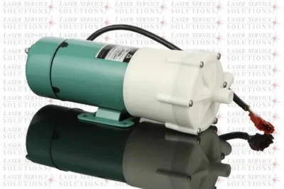 A Candela MGY Water Pump in green and white, featuring an attached black cable and a red clamp, is displayed on a reflective black surface with the Laser Service Solutions watermark in the background.