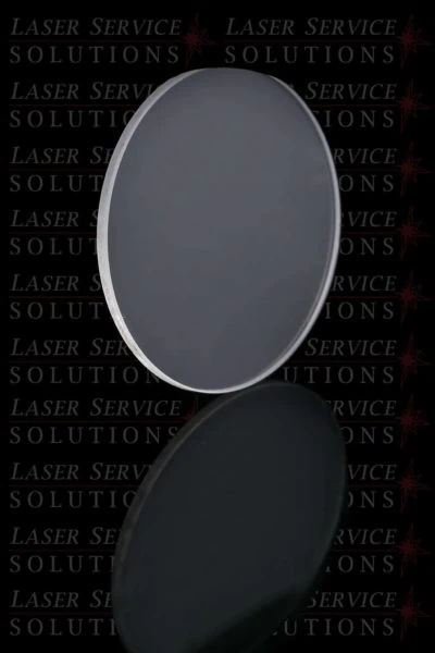 An Elite CalPort Sapphire Window, perfectly round and transparent, stands upright with its reflection visible below. The background features repeated Laser Service Solutions text.