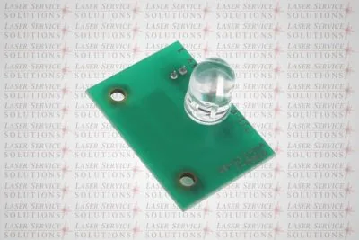 An Elite LED Aiming PCB—a green circuit board with a large clear LED—is shown against a Laser Service Solutions branded background. The board features three mounting holes and displays printed numbers.