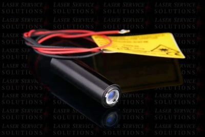 Elite Red Aiming Beam laser module featuring a black cylindrical body, blue lens, red and black wires, and a yellow warning label, set on a reflective surface with the Laser Service Solutions logo repeatedly printed in the background.