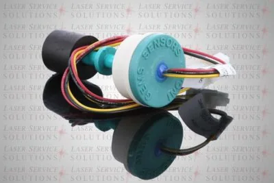 An Elite Reservoir Level Switch (Float Switch) with colored wires is displayed resting on a reflective surface, with the Laser Service Solutions logo and text repeatedly visible in the background.