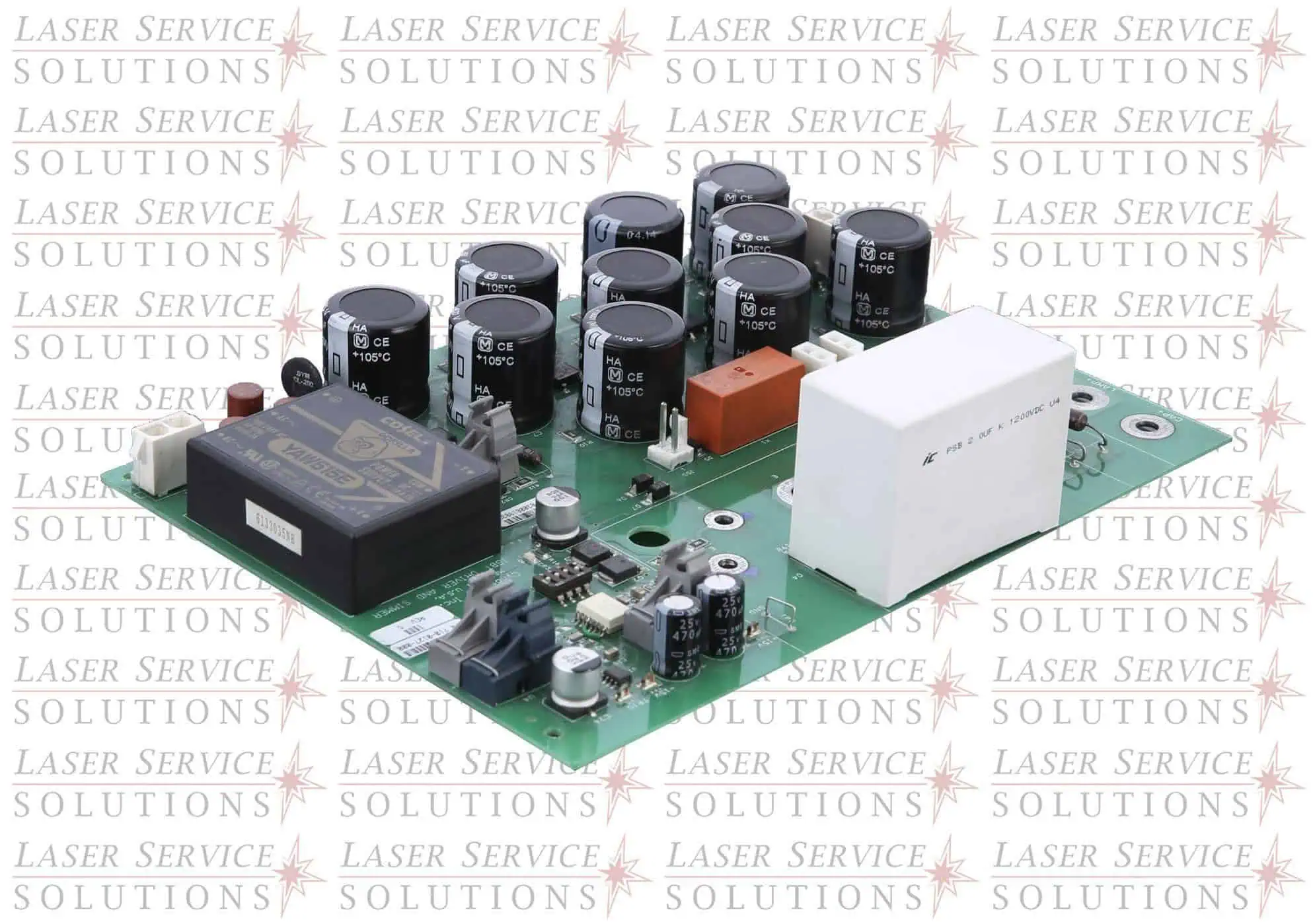 Elite Simmer/IGBT Module (not including IGBT and/or blocking diode) featuring a green circuit board populated with multiple black capacitors, white and orange relays, and various electronic components. The background displays a repeated Laser Service Solutions watermark in red and gray.