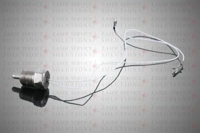 An Elite Temperature Sensor with two attached white wires and connectors is displayed on a reflective surface. The background features a repeating Laser Service Solutions watermark in light gray and red.