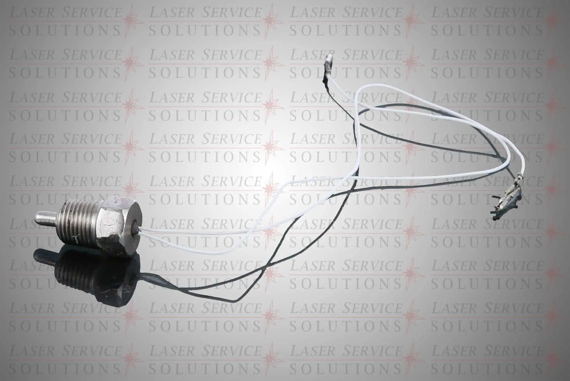 An Elite Temperature Sensor with two attached white wires and connectors is displayed on a reflective surface. The background features a repeating Laser Service Solutions watermark in light gray and red.