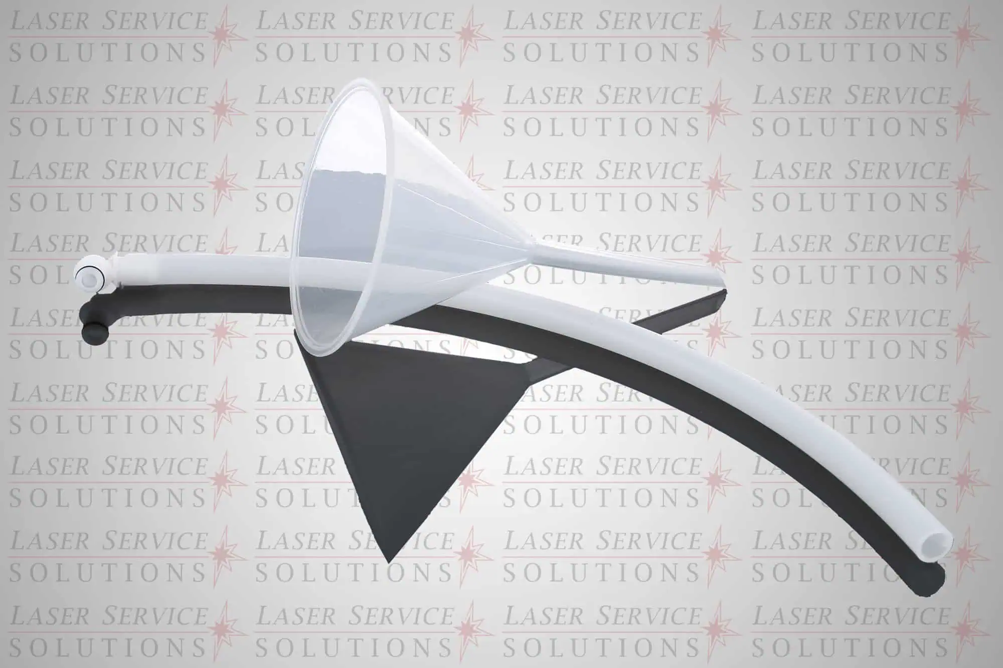The Elite Water Fill Funnel, featuring a transparent funnel connected to curved white tubes and set on a black triangular base, is showcased against a backdrop patterned with repeating Laser Service Solutions text and red star motifs.