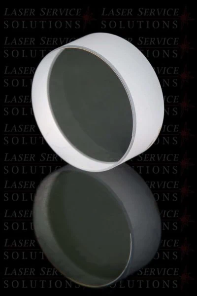 An Elite Yag High Reflective Mirror, featuring a large, round design with a white rim and highly reflective surface, is displayed against a dark background repeatedly printed with the Laser Service Solutions logo.